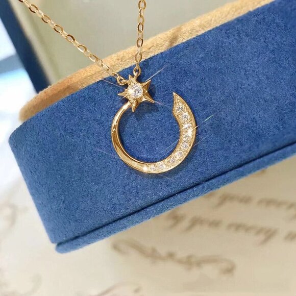 Crystal Shiny Micro Pave Moon Star Gold Trendy Necklace for Women, INDN8645 - Picture 5 of 5